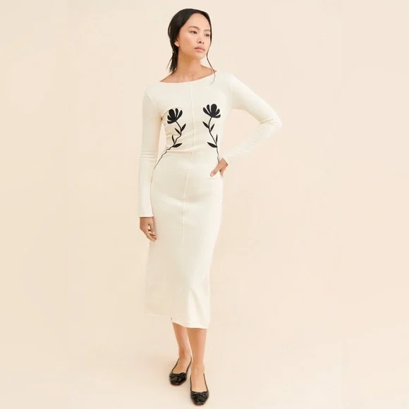 Another Girl Chic Cream Long Sleeve Dress with Black Floral Design - Picture 7 of 7